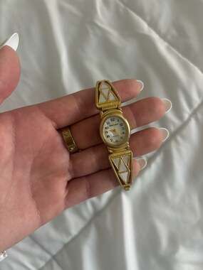 Times Square Vintage Gold Tone Oval Watch with White Inlay Accents